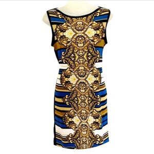 Banana Republic Baroque Navy, Gold, Cream Print Sheath Dress, XS